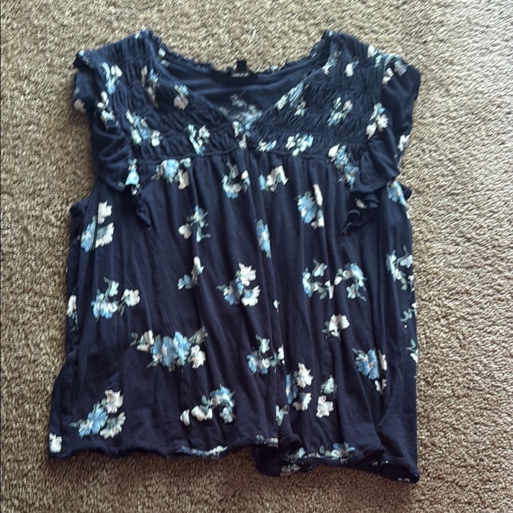 Lucky Brand Black and Blue Smocked Blouse